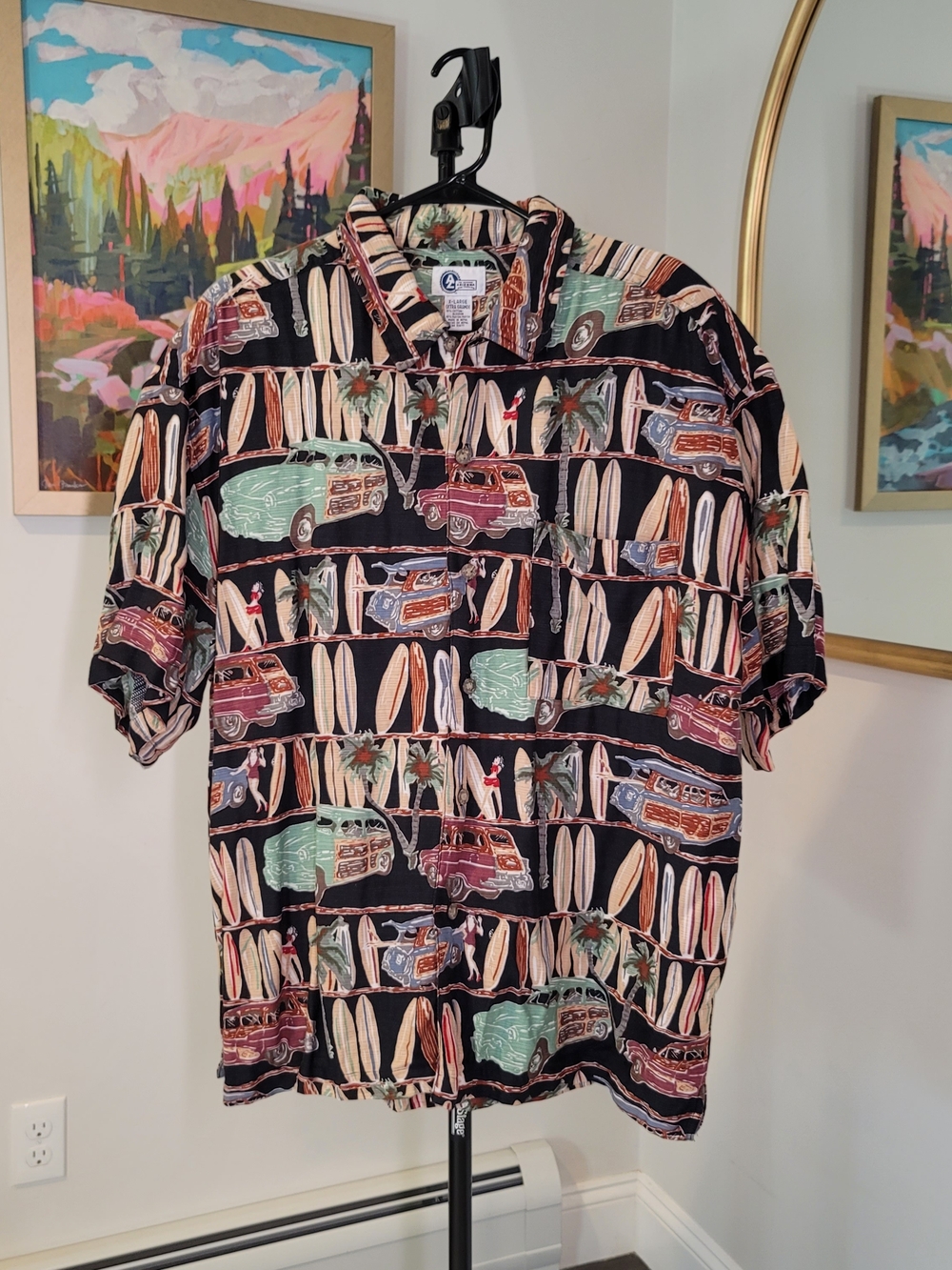 ARIZONA JEAN COMPANY Surfboard and Woody Wagon Hawaiian Shirt Men's Size XL
